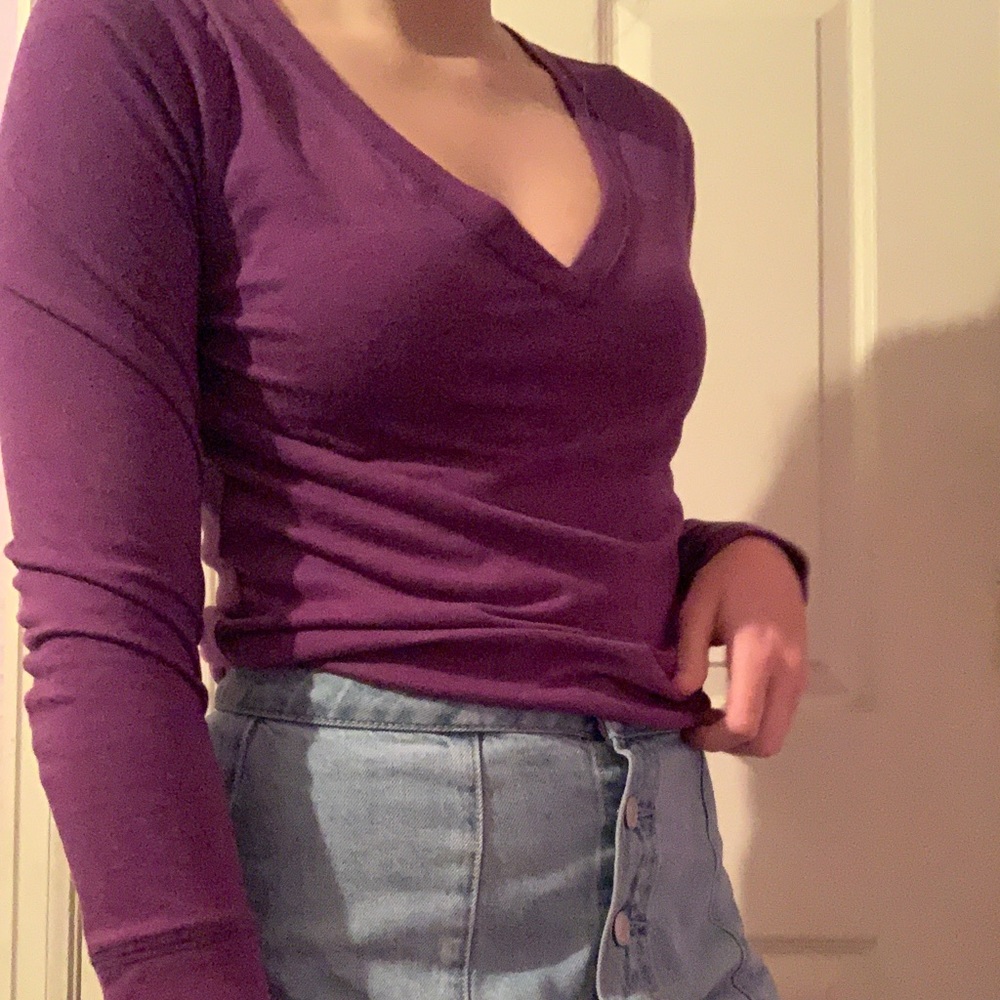 Simple Purple V Neck Long Sleeve Shirt